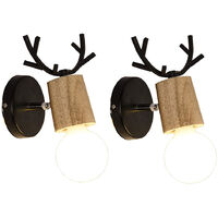 Lot de 2 Rétro Applique Murale Simple Créatif Lampe de Mur Fer et Bois E27 Base Tête de Cerf Nordique Style Art Déco pour Chambre, Salon, Chambre d'enfants, Restaurant, Couloir, Escaliers,Noir