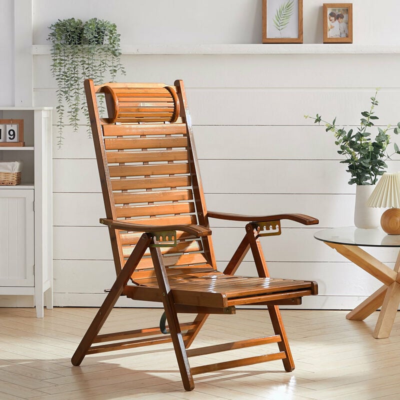 Bamboo Foldable Recliner Lounge Chair with Retractable Footrest