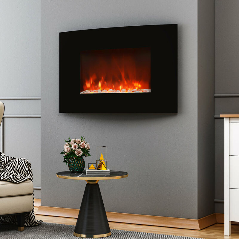 Wall Mounted Electric Fire Slim Fireplace Black Glass Remote Control Living Room 