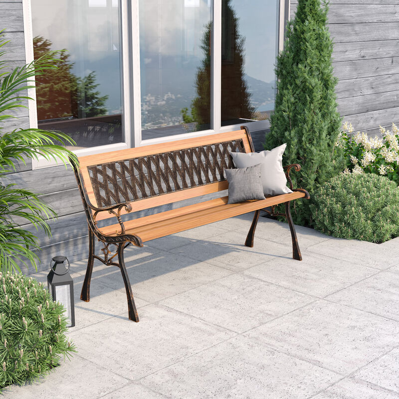 Lattice Style Wooden Garden Patio Bench Cast Iron Ends Legs