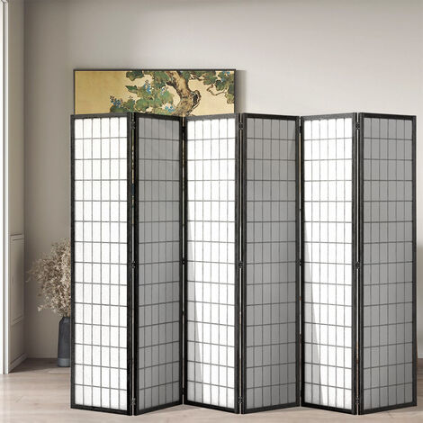 Black 6 Panel Solid Wood Folding Room Divider Privacy Screen