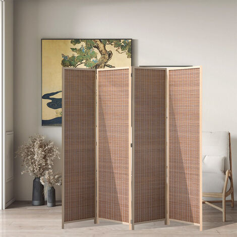 Brown Bamboo Woven 4 Panel Folding Room Divider Privacy Screen