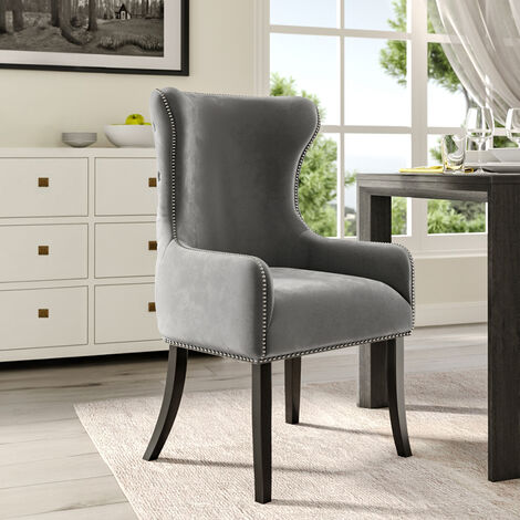 Light Grey Vintage Velvet Upholstered Studded Dining Chair
