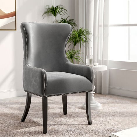 Light Grey Vintage Velvet Upholstered Studded Dining Chair