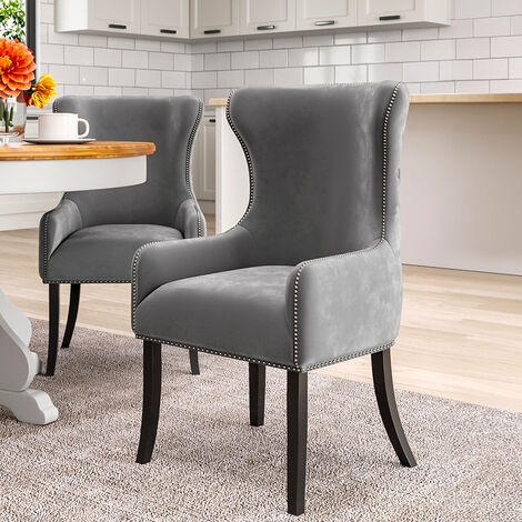 Light Grey Vintage Velvet Upholstered Studded Dining Chair