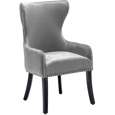 Light Grey Vintage Velvet Upholstered Studded Dining Chair
