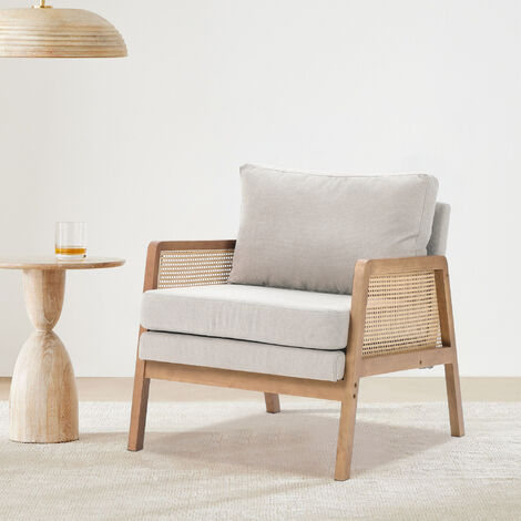 Fabric Cushioned Wood Armchair with Rattan Sides,Beige