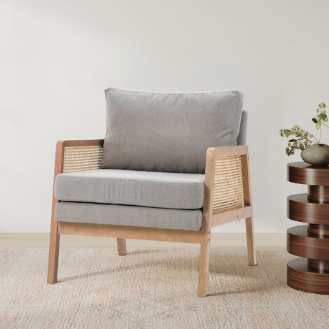 Light Grey Fabric Cushioned Wood Armchair