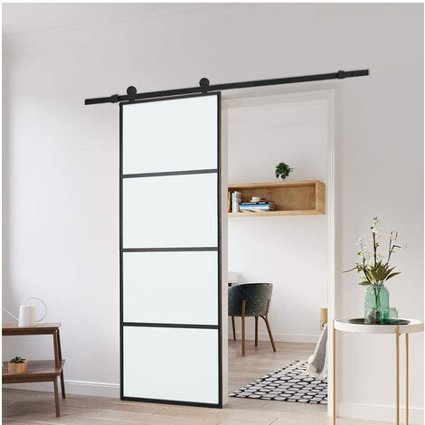 Clear Glass Black Barn Door with Sliding Hardware Kit Large