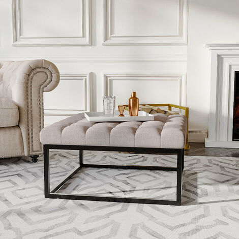 Square Linen Footstool with Metal Frame