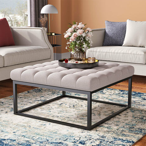 Square Linen Footstool with Metal Frame