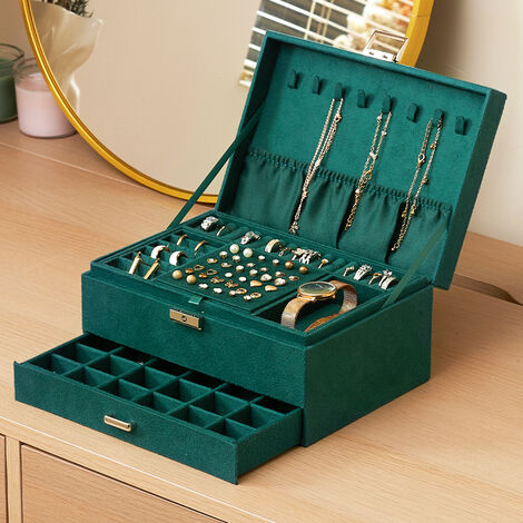 Dark Green Velvet Jewelry Box with Lock (1/5)