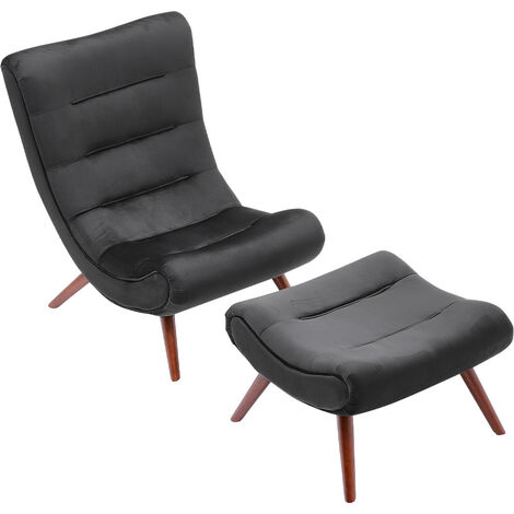 Black Curved Velvet Lounge Chair with Footstool