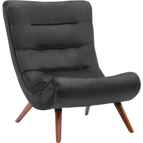 Black Curved Velvet Lounge Chair with Footstool