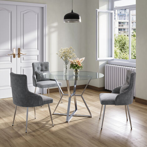 Grey Velvet Tufted Dining Chair with Cushion