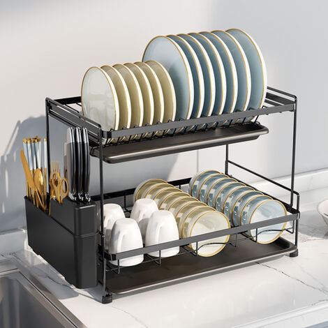 Home Shark Dish Drying Rack, 2-Tier Black Steel Dish Rack With Utensil Holder And Drainboard