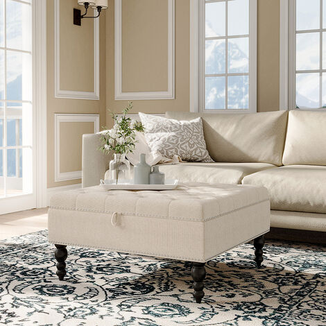 85x85CM Square Tufted Linen Storage Ottoman,Beige