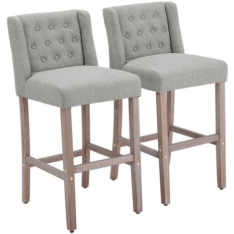 Rustic Set of 2 Bar Stools Linen Tufted with Wood Legs