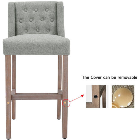 Rustic Set of 2 Bar Stools Linen Tufted with Wood Legs