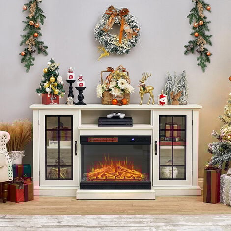 24 Inch LED Electric Fireplace 3 Flame Colours with White TV Stand