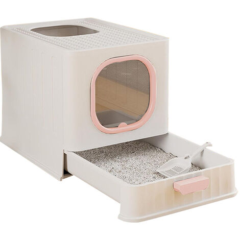 Pink Enclosed Folding Cat Litter Box Toilet with Scoop