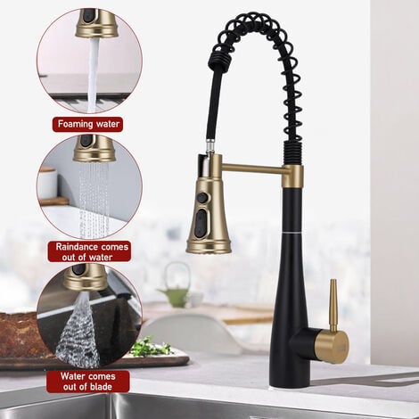 Prerinse Pull Down Swivel Kitchen Faucet,Black and Gold