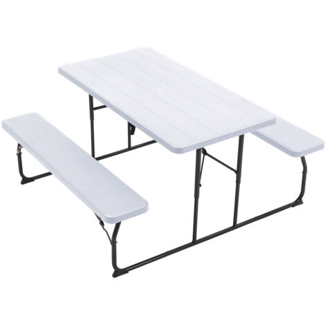 White Foldable Picnic Table and Bench Set with Parasol Hole