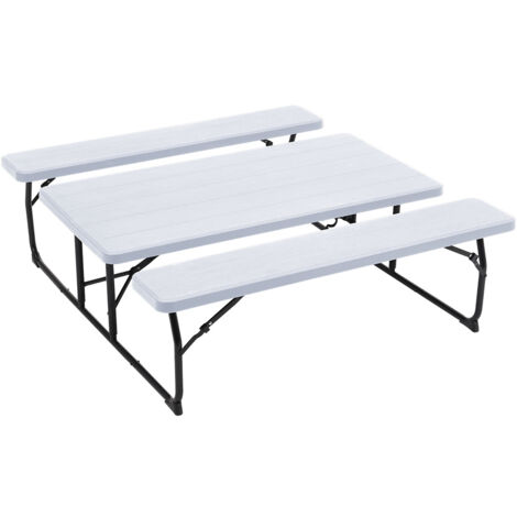 White Foldable Picnic Table and Bench Set with Parasol Hole