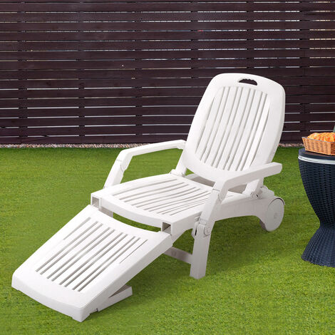 White Outdoor Folding Lounge Chair Recliner with Wheels (1/5)