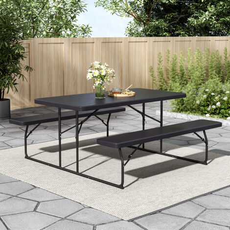 Black Foldable Picnic Table and Bench Set with Parasol Hole (1/5)