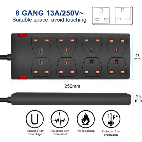 Way Go Sockets 8 Way Socket with Cable 3G1.25, 1M, Black, with Indicate Light, Child ...