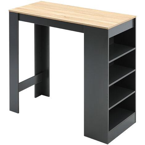 Black Wooden Bar Table with Open Shelves,Natural Table Top