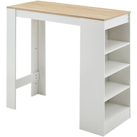 White Wooden Bar Table with Open Shelves,Natural Table Top