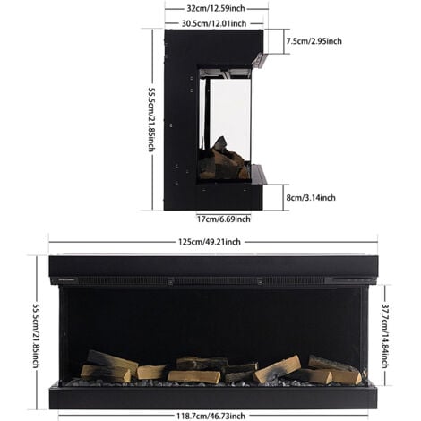 50inch 3-Sided Smart Electric Fireplace Recessed/Freestanding Fireplaces 1800W  12 Flame Colours