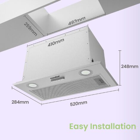 Built In Kitchen Extractor Fans Integrated Cooker Hood 52cm BIHT01SS-52 with LED Light, 520mm Built-in ...