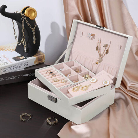 White 2 Tier PU Leather Jewelry Box with Lock (1/5)