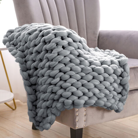 Warm Chunky Wool Yarn Knitted Thick Blanket, Grey 120x150CM (1/5)