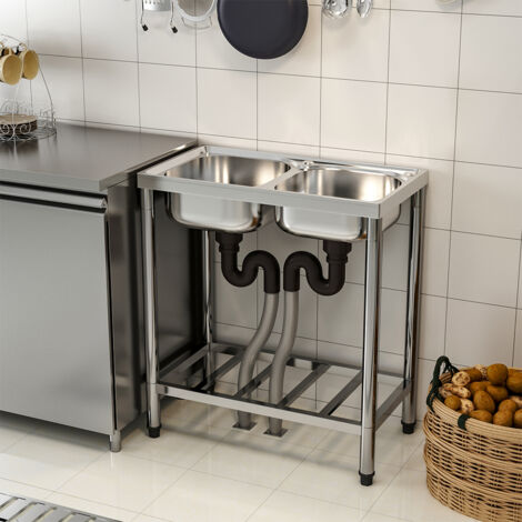 Freestanding Two Compartment Stainless Steel Sink with Shelf