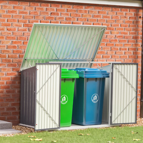 Livingandhome – Grey steel wheelie bin storage shed – Weather-resistant steel construction – Lockable doors – Sloping top for snow and water drainage (1/5)