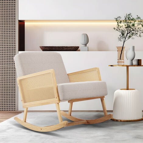 Beige Linen Wooden Rocking Chair