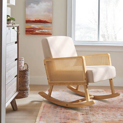 Beige Linen Wooden Rocking Chair