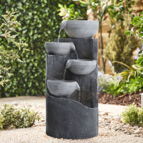 4 Tier Bowl Outdoor Solar Powered Water Fountain Rockery Decor with LED Light