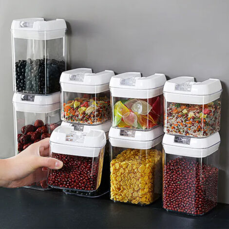 Seven-piece Kitchen Storage Box with Glossy White Lid and Transparent Plastic (1/5)