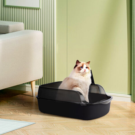Large Obsidian Black High Fence Semi-enclosed Cat Litter Box with Scoop 50cm W x 34cm D x 18cm H (1/5)