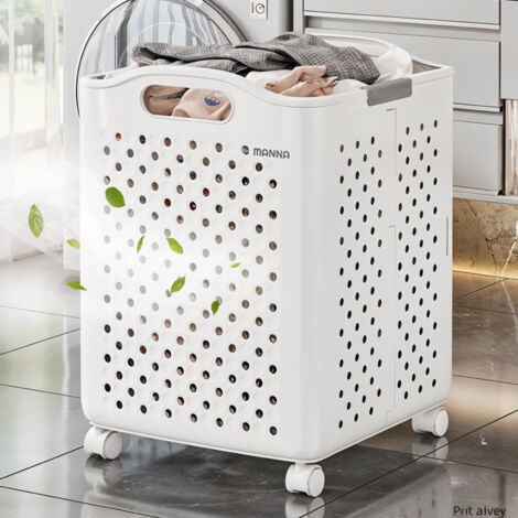 White Folding Balcony Bathroom Dirty Clothes Storage Basket with Wheels 33.2cm(W) x 36.5cm(D) x 47cm(H)