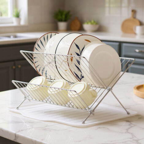 2 Tier Foldable Countertop Dish Drying Rack with Drip Tray