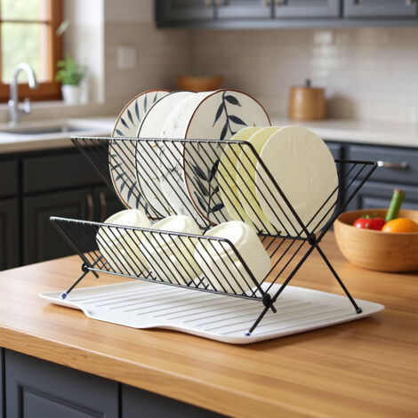 2 Tier Foldable Countertop Dish Drying Rack with Drip Tray