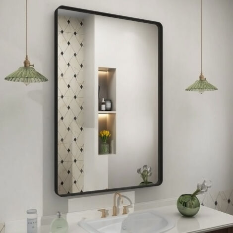Black Rectangular Metal Frame Decorative Wall Mirror Bathroom Mirror 50cm W x 3.5cm D x 70cm H (1/5)