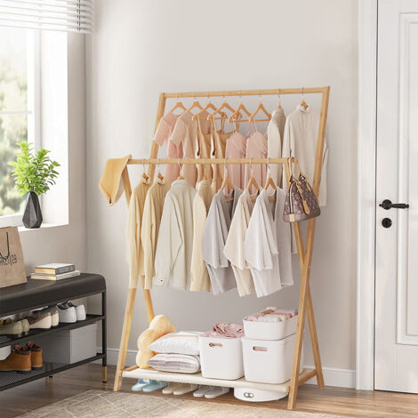 Bedroom Floor Standing Bamboo Double Rod Clothes Rack 100cm W x 44cm D x 155cm H (1/5)