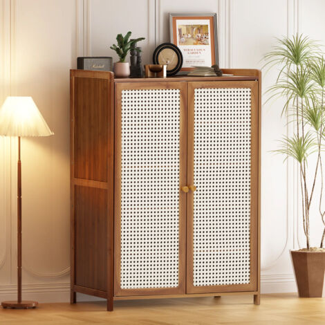 Brown 6-layer Plastic Rattan Shoe Cabinet with Doors 60cm W x 32cm D x 83cm H